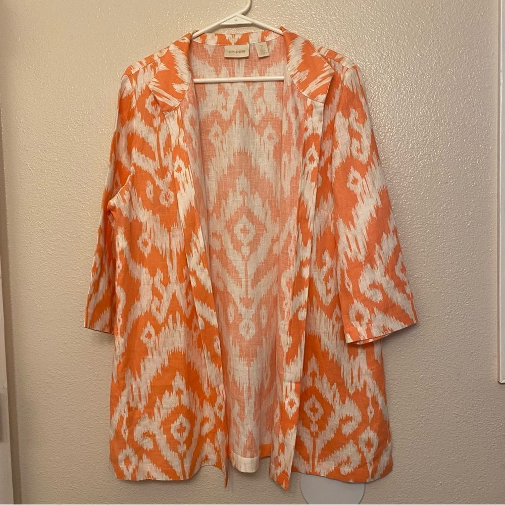 Chicos coral IKAT Print 100% Linen cardigan jacket Sunrise Orange EUC 2 L 12